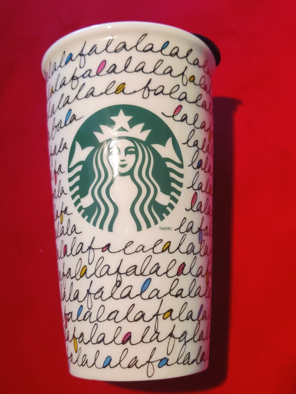 Starbucks 2011 FaLaLa Holiday Christmas Ceramic Travel Mug Cup 12 oz with Lid
